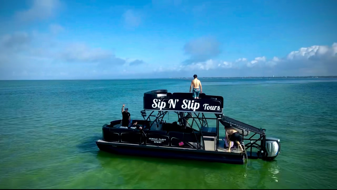 pontoon boat with slide from a arial view