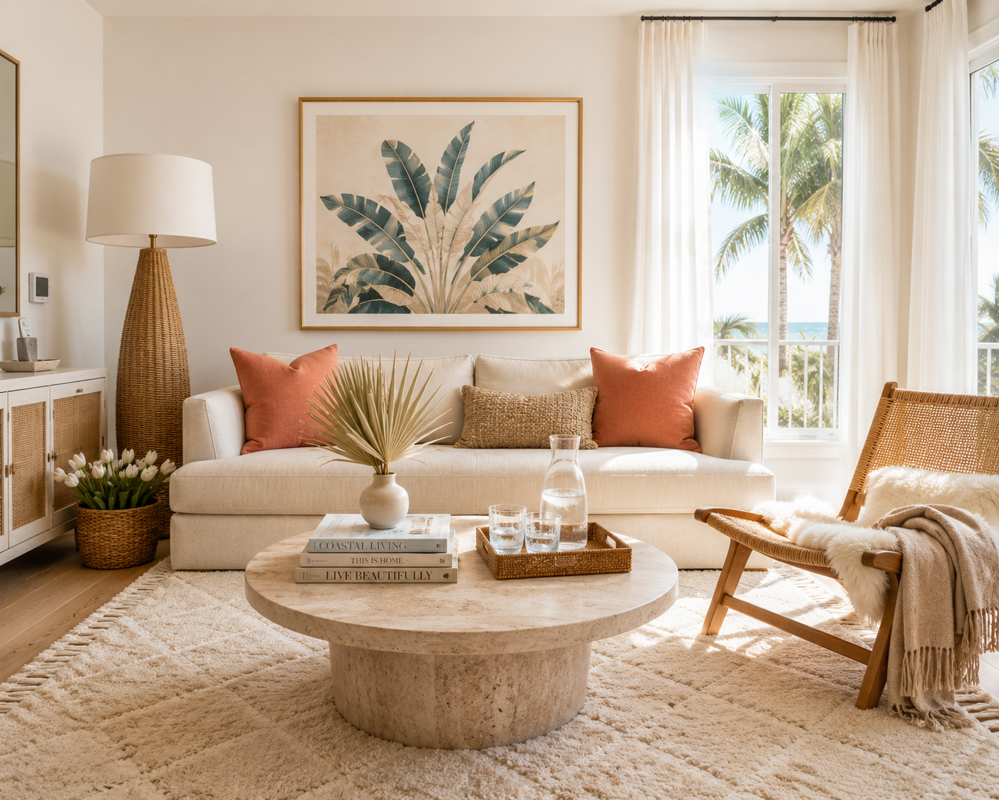 A pristine, professionally kept coastal living room