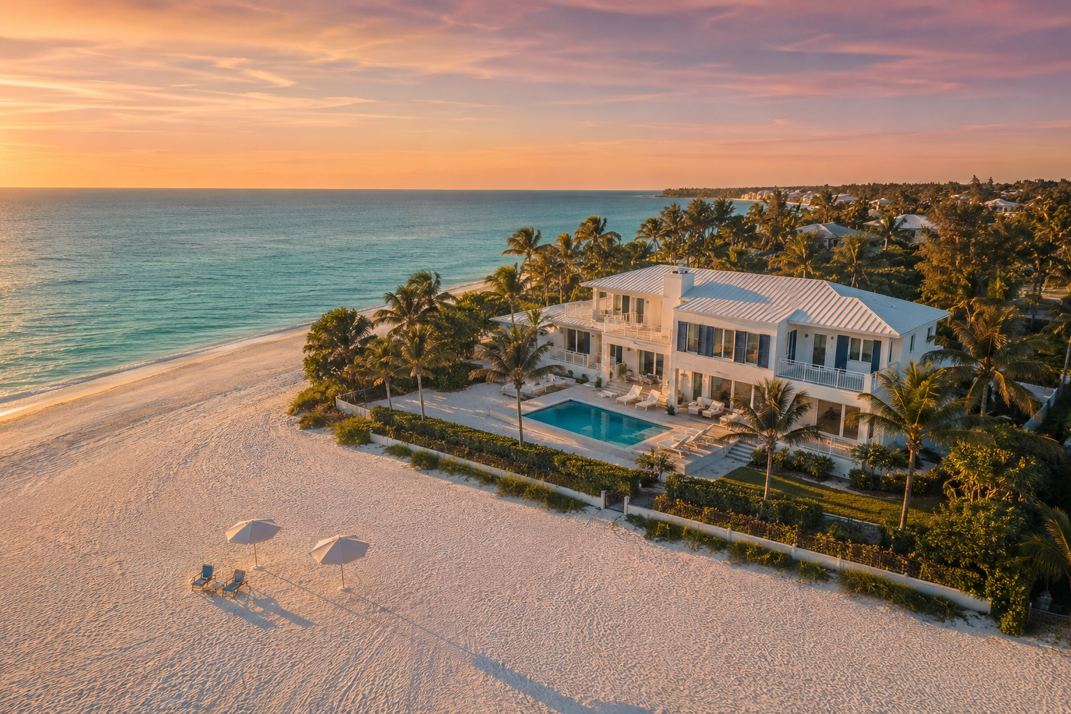 Aerial view of a Siesta Key beachfront vacation home at sunset