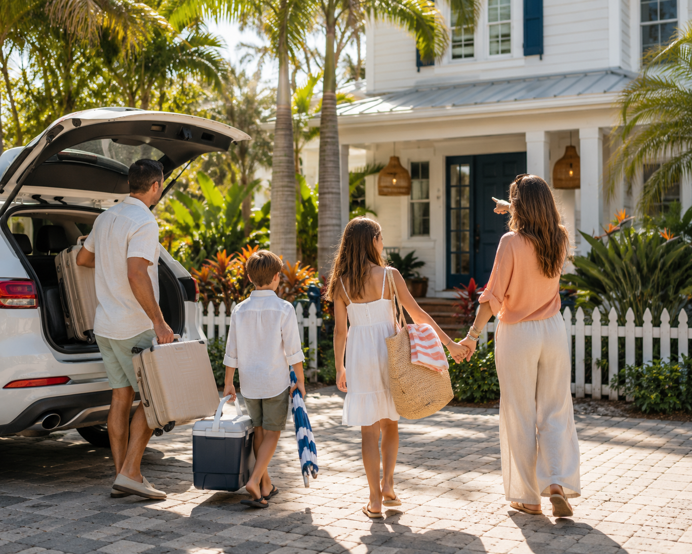 A family arriving at their Siesta Key vacation rental